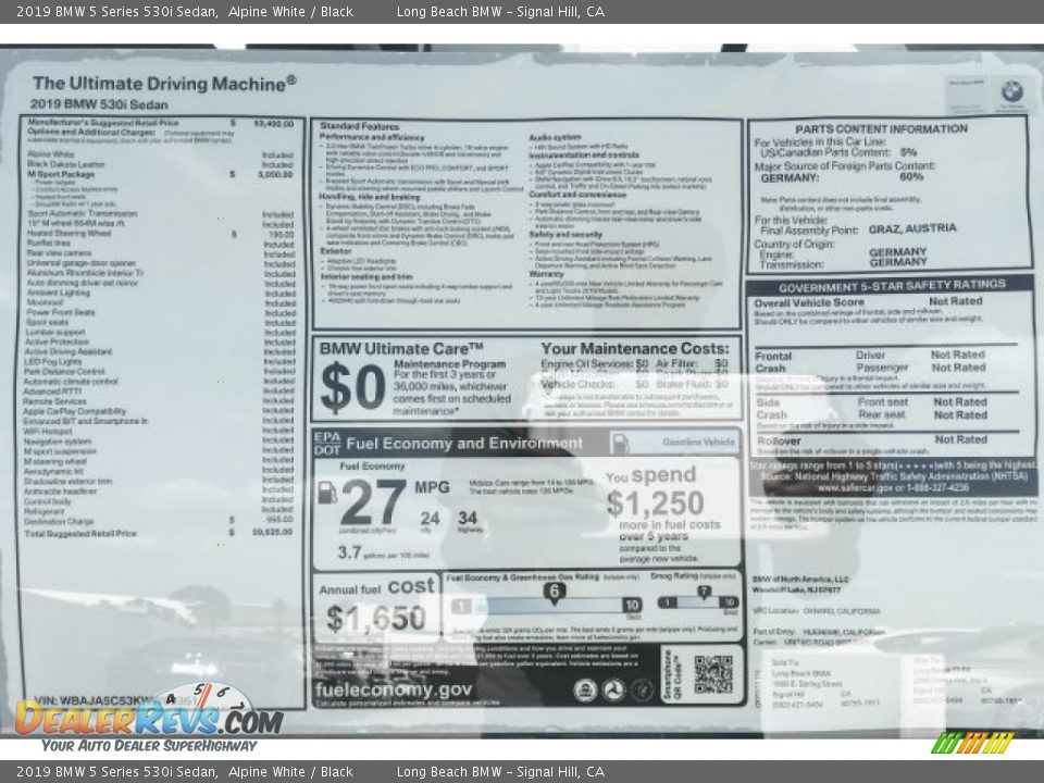 2019 BMW 5 Series 530i Sedan Alpine White / Black Photo #10