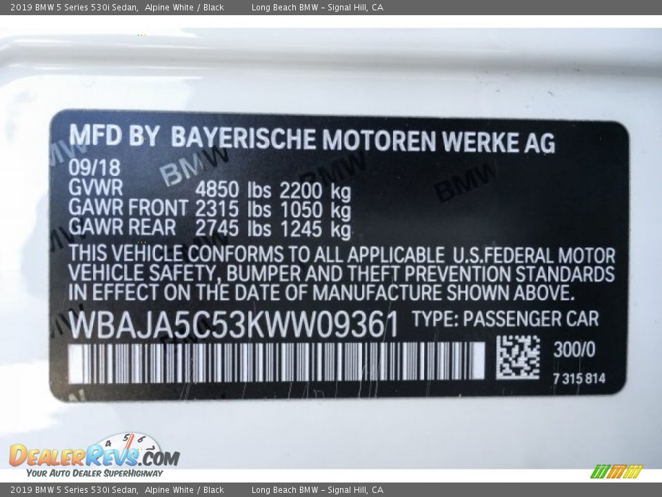 2019 BMW 5 Series 530i Sedan Alpine White / Black Photo #11