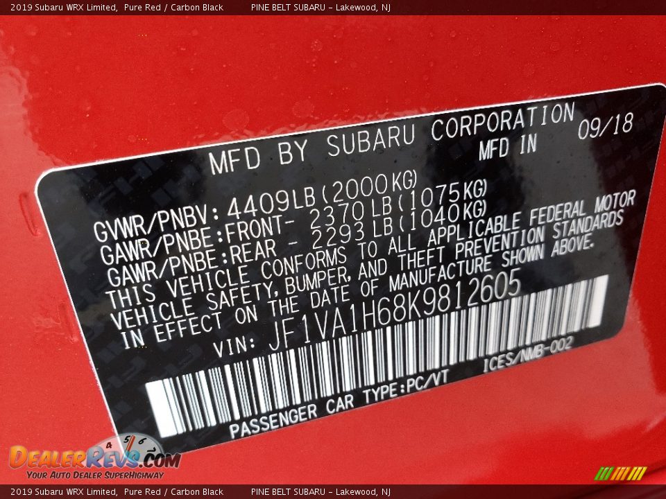 2019 Subaru WRX Limited Pure Red / Carbon Black Photo #9