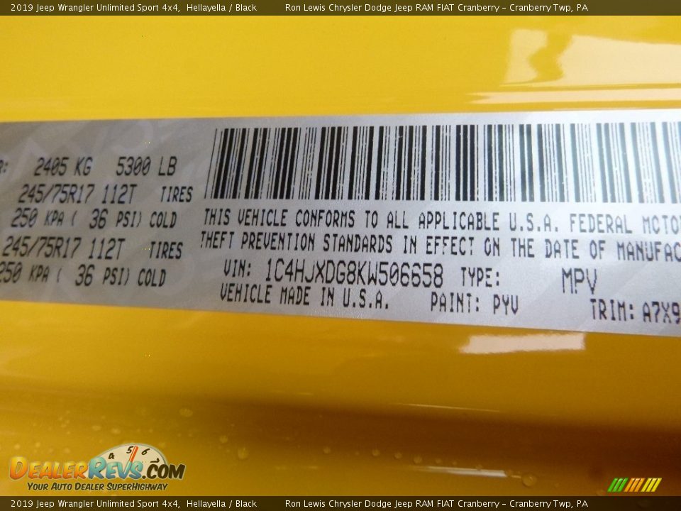 2019 Jeep Wrangler Unlimited Sport 4x4 Hellayella / Black Photo #14