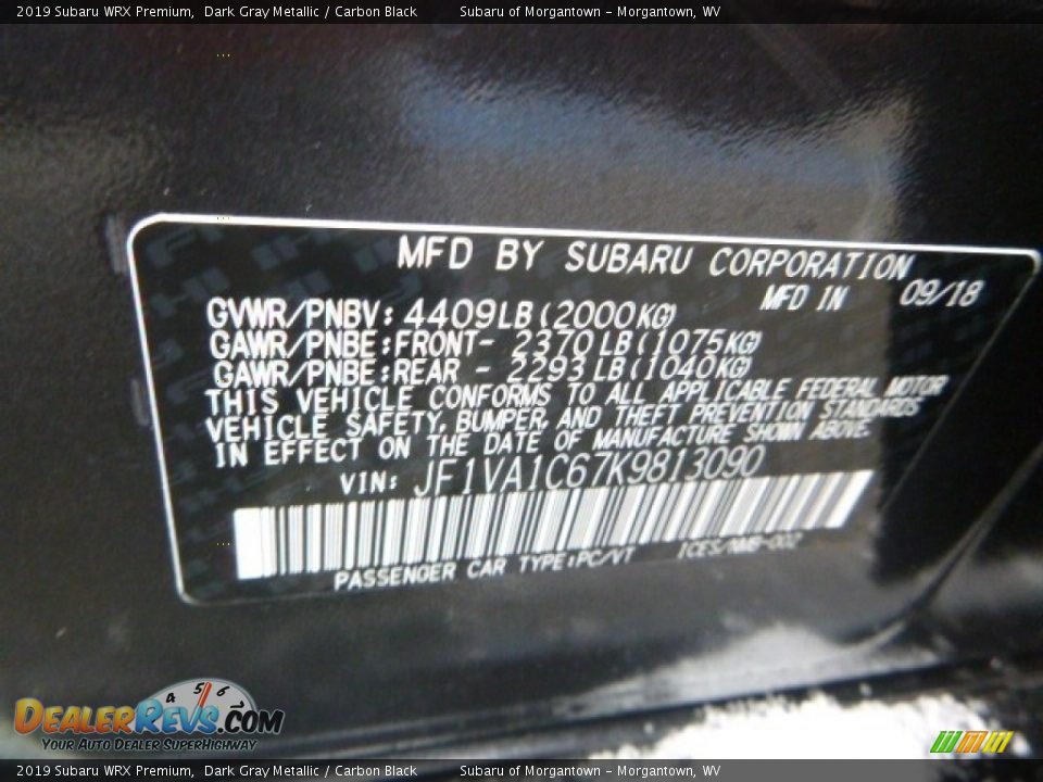 2019 Subaru WRX Premium Dark Gray Metallic / Carbon Black Photo #16