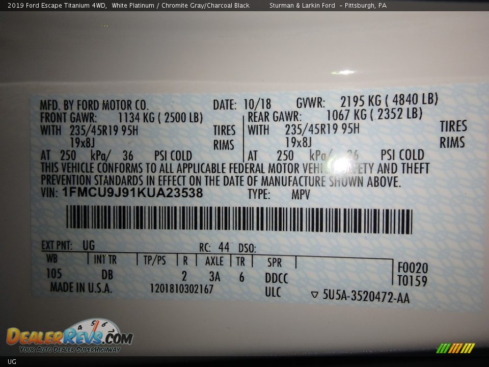 Ford Color Code UG White Platinum