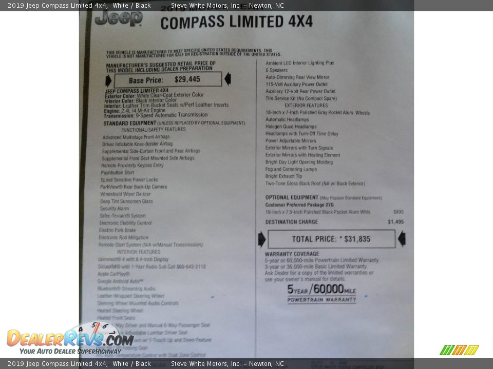 2019 Jeep Compass Limited 4x4 White / Black Photo #33