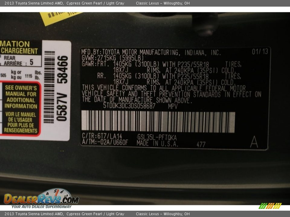 2013 Toyota Sienna Limited AWD Cypress Green Pearl / Light Gray Photo #31