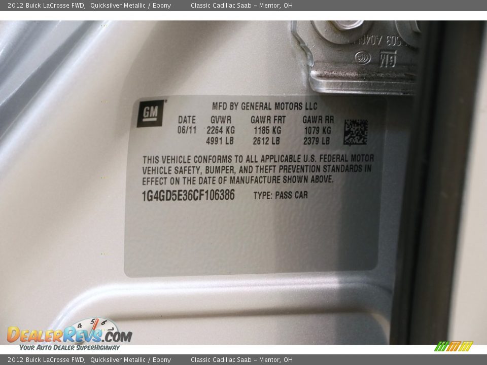 2012 Buick LaCrosse FWD Quicksilver Metallic / Ebony Photo #19