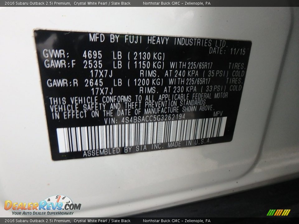 2016 Subaru Outback 2.5i Premium Crystal White Pearl / Slate Black Photo #21