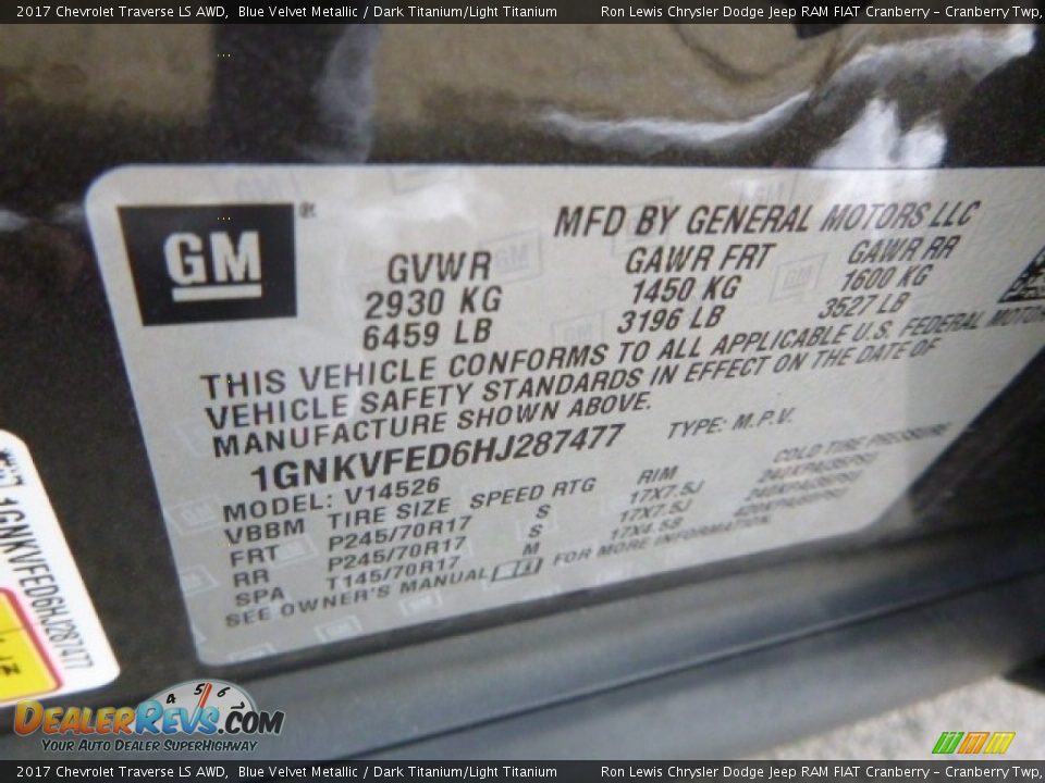 2017 Chevrolet Traverse LS AWD Blue Velvet Metallic / Dark Titanium/Light Titanium Photo #16