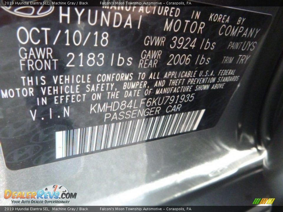 2019 Hyundai Elantra SEL Machine Gray / Black Photo #13