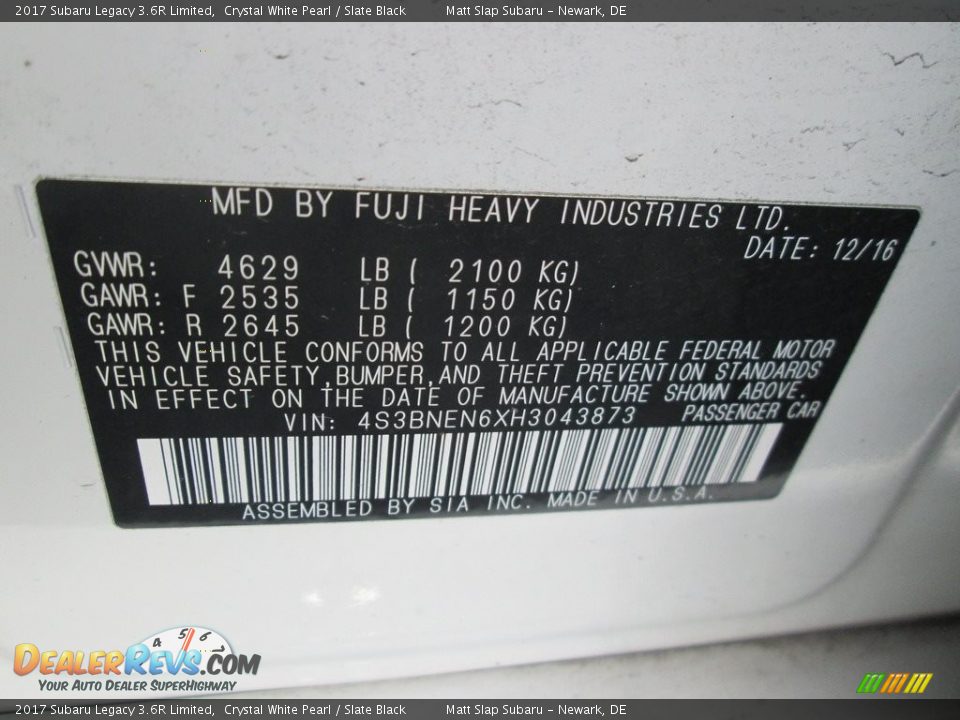 2017 Subaru Legacy 3.6R Limited Crystal White Pearl / Slate Black Photo #30