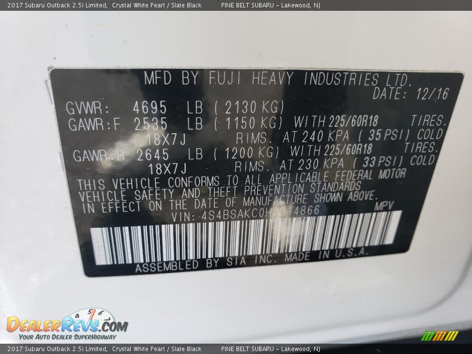 2017 Subaru Outback 2.5i Limited Crystal White Pearl / Slate Black Photo #27