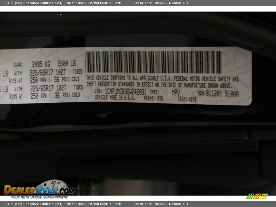 2016 Jeep Cherokee Latitude 4x4 Brilliant Black Crystal Pearl / Black Photo #18