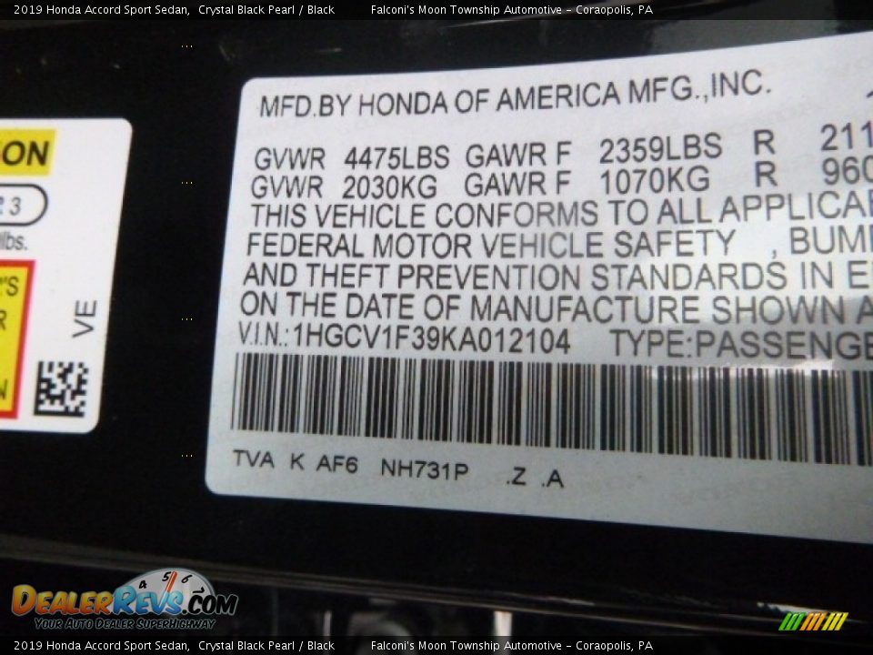 2019 Honda Accord Sport Sedan Crystal Black Pearl / Black Photo #12