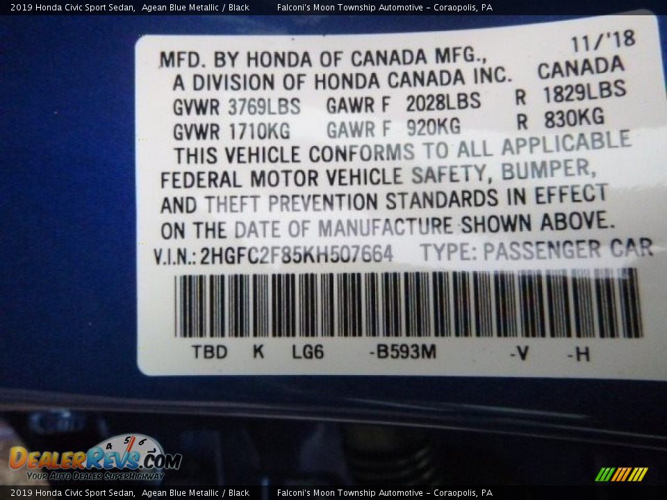 2019 Honda Civic Sport Sedan Agean Blue Metallic / Black Photo #13