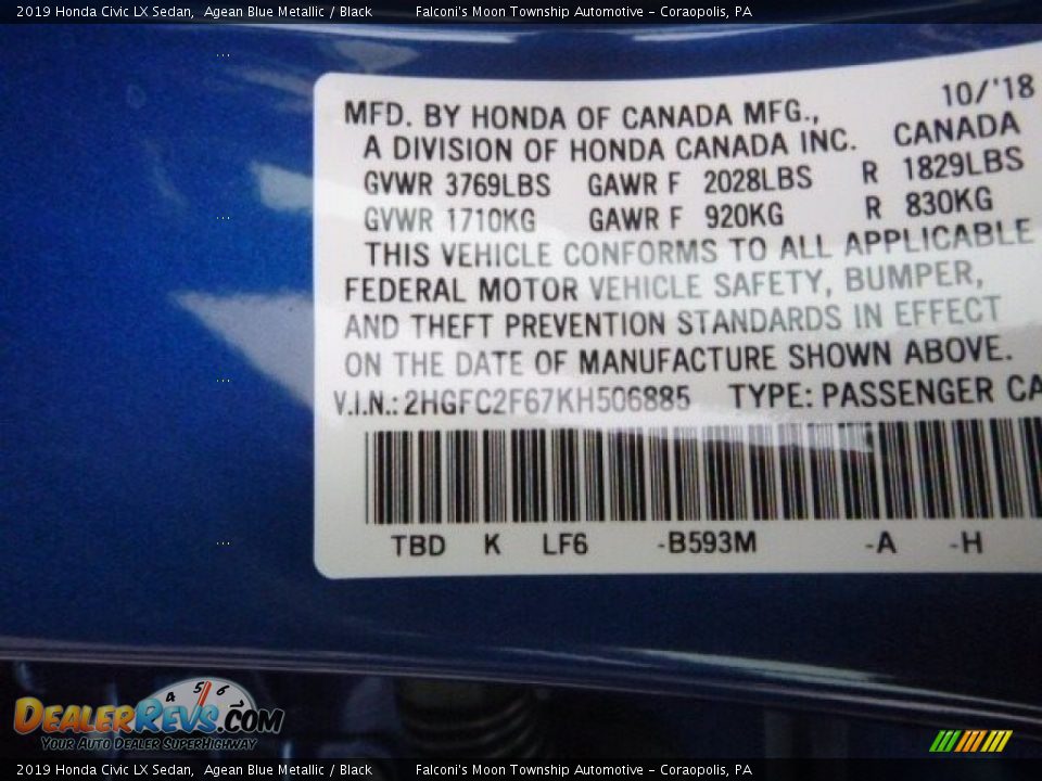 2019 Honda Civic LX Sedan Agean Blue Metallic / Black Photo #13