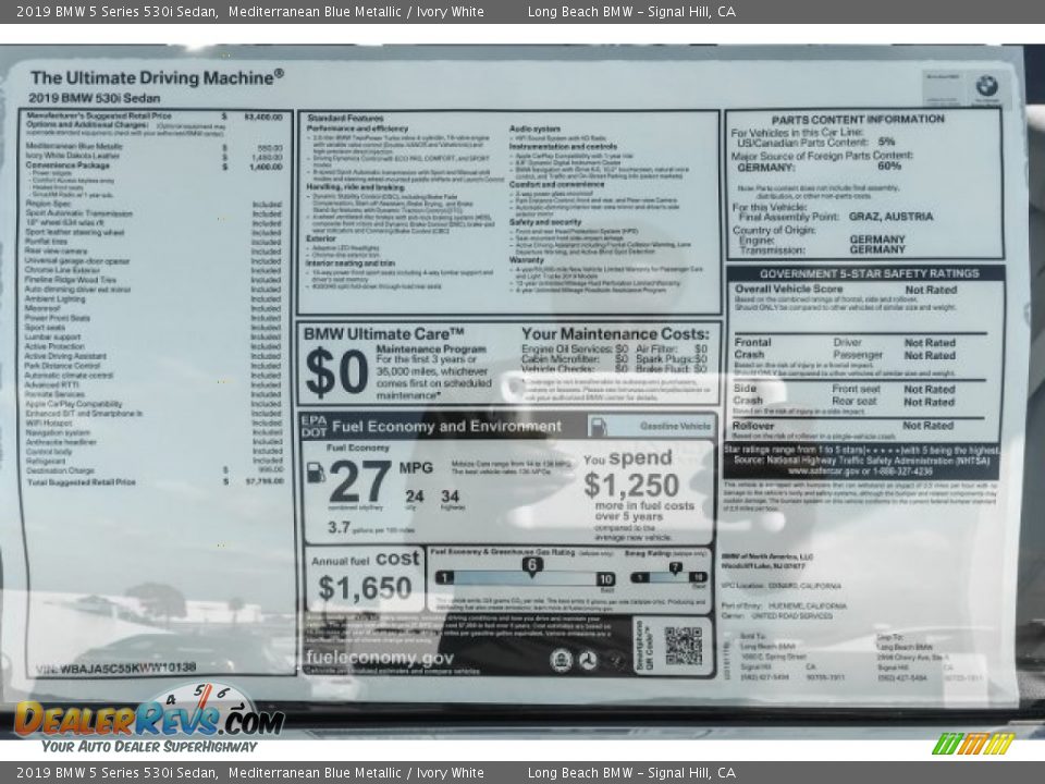 2019 BMW 5 Series 530i Sedan Mediterranean Blue Metallic / Ivory White Photo #10