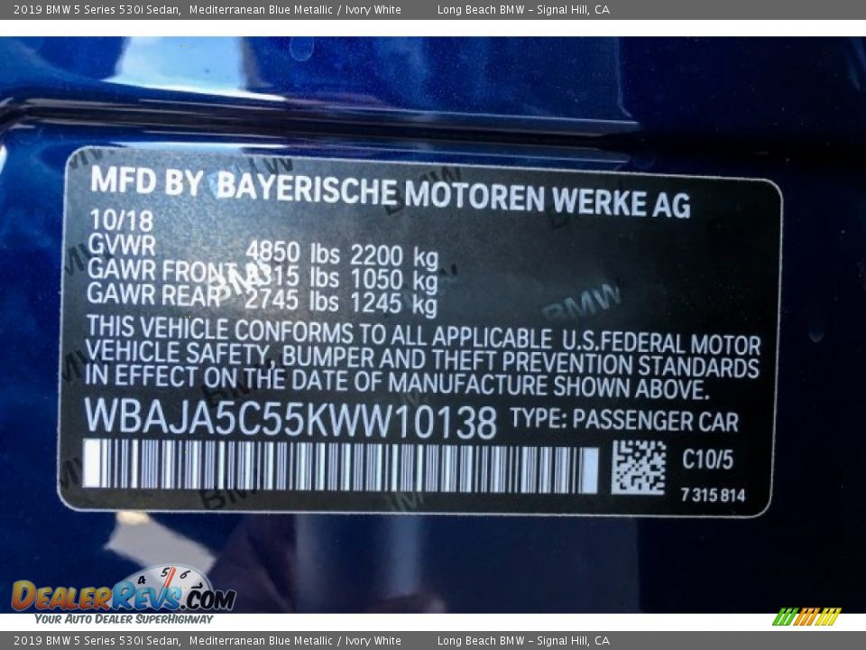 2019 BMW 5 Series 530i Sedan Mediterranean Blue Metallic / Ivory White Photo #11