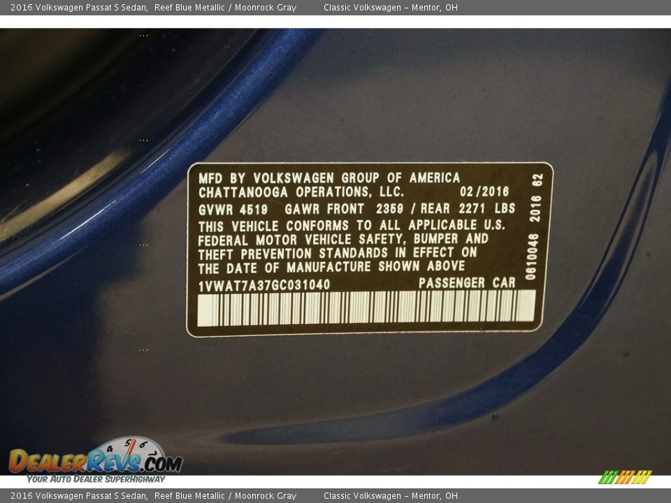 2016 Volkswagen Passat S Sedan Reef Blue Metallic / Moonrock Gray Photo #18