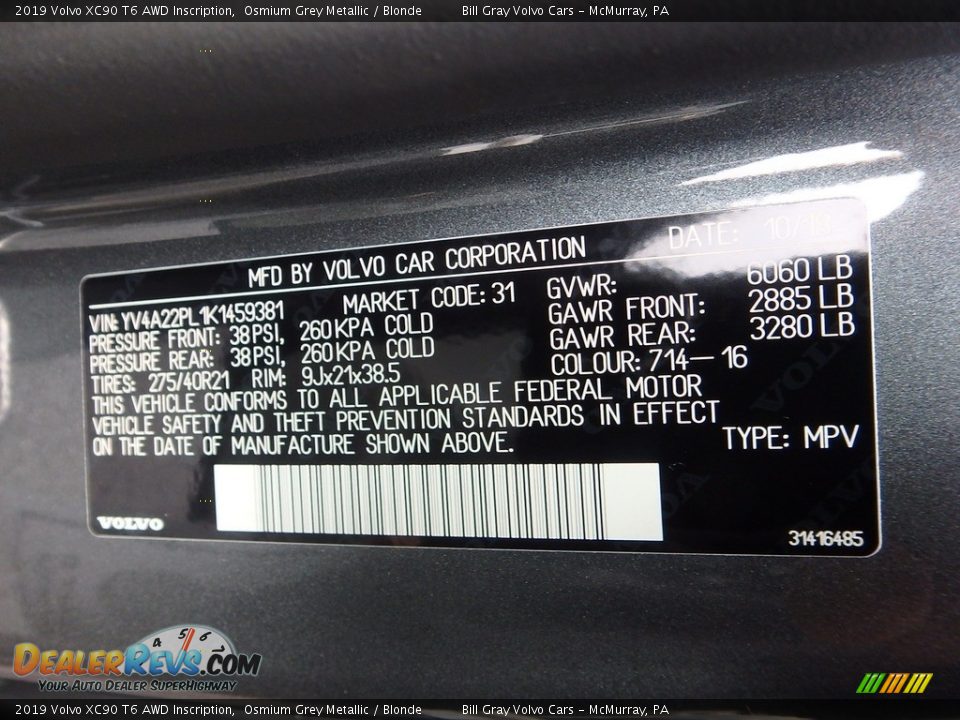2019 Volvo XC90 T6 AWD Inscription Osmium Grey Metallic / Blonde Photo #12