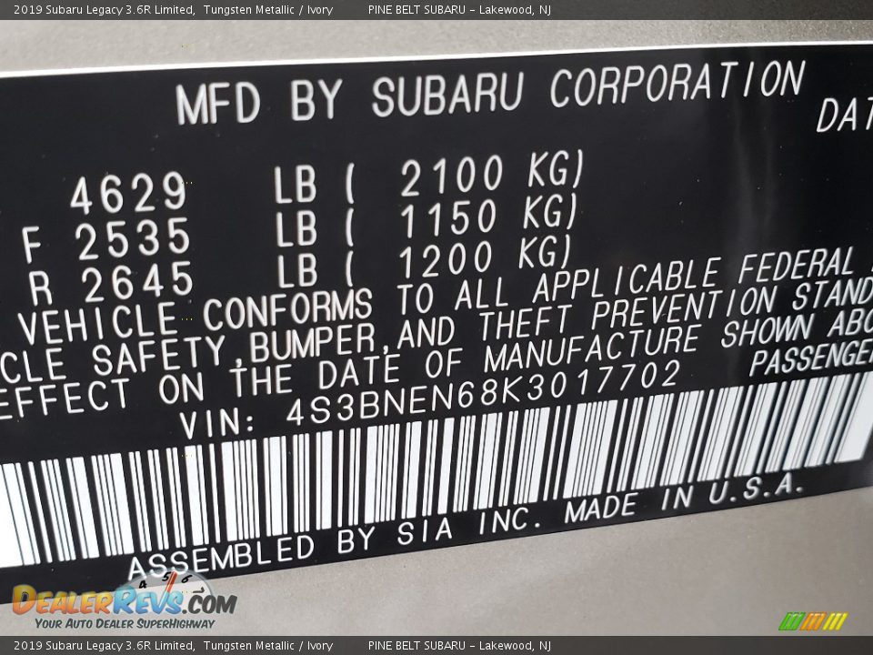 2019 Subaru Legacy 3.6R Limited Tungsten Metallic / Ivory Photo #9
