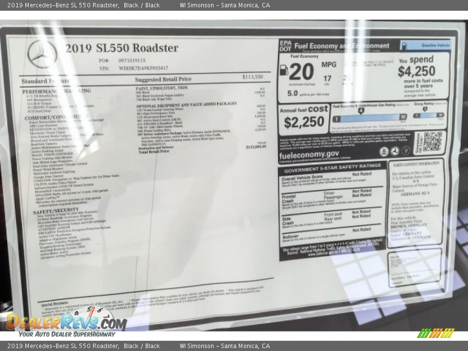 2019 Mercedes-Benz SL 550 Roadster Window Sticker Photo #10