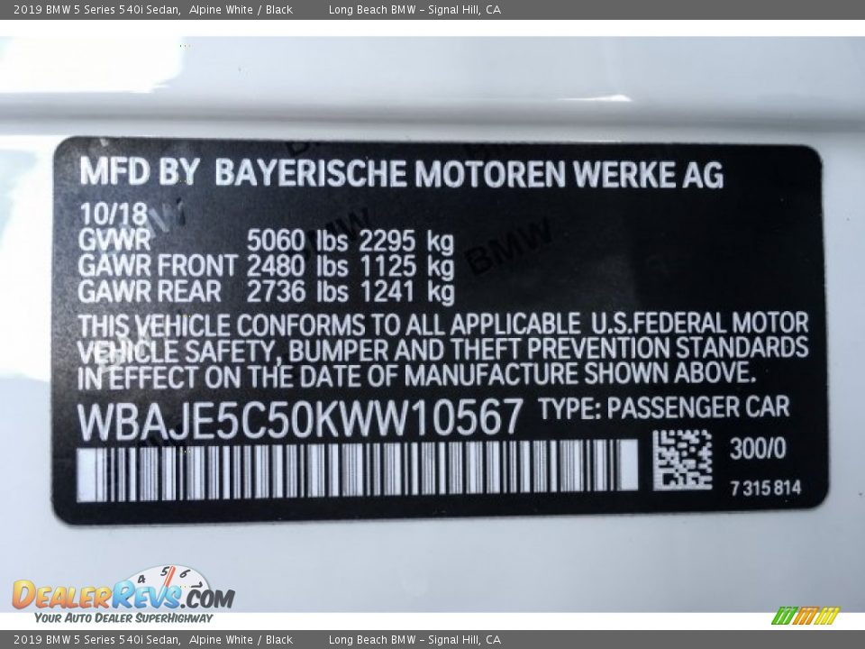 2019 BMW 5 Series 540i Sedan Alpine White / Black Photo #11