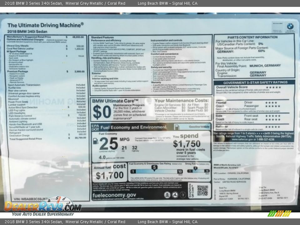 2018 BMW 3 Series 340i Sedan Mineral Grey Metallic / Coral Red Photo #10