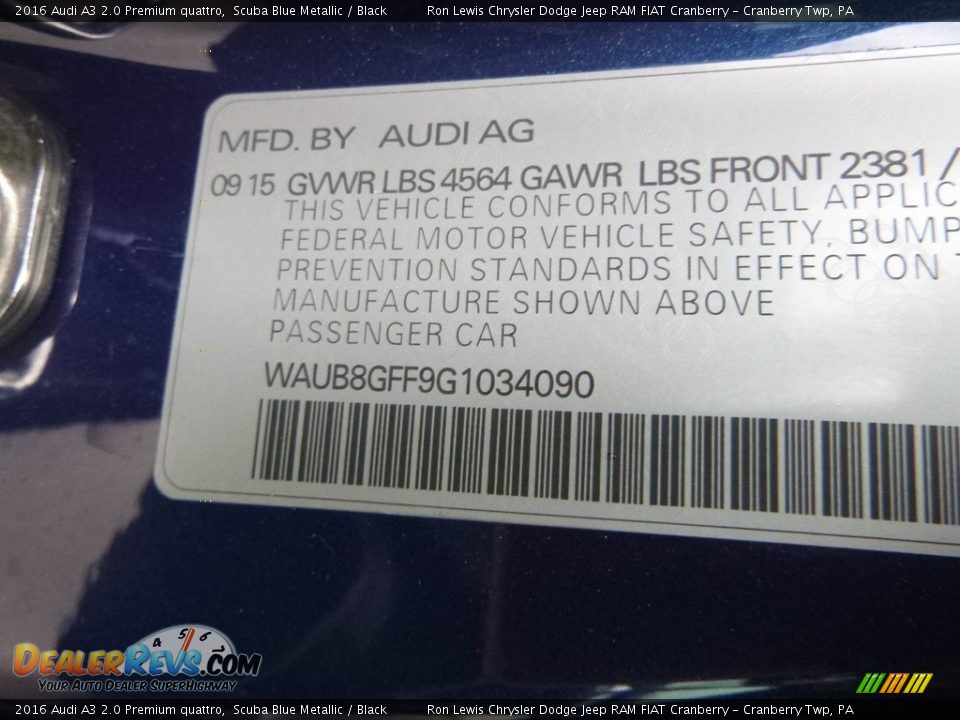 2016 Audi A3 2.0 Premium quattro Scuba Blue Metallic / Black Photo #14