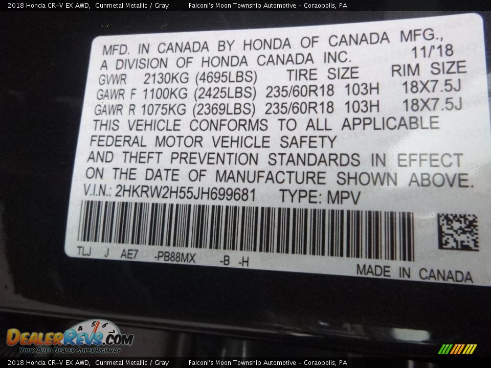 2018 Honda CR-V EX AWD Gunmetal Metallic / Gray Photo #12