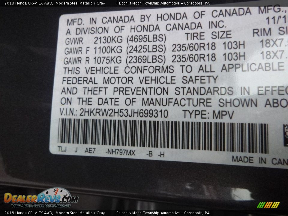 2018 Honda CR-V EX AWD Modern Steel Metallic / Gray Photo #12