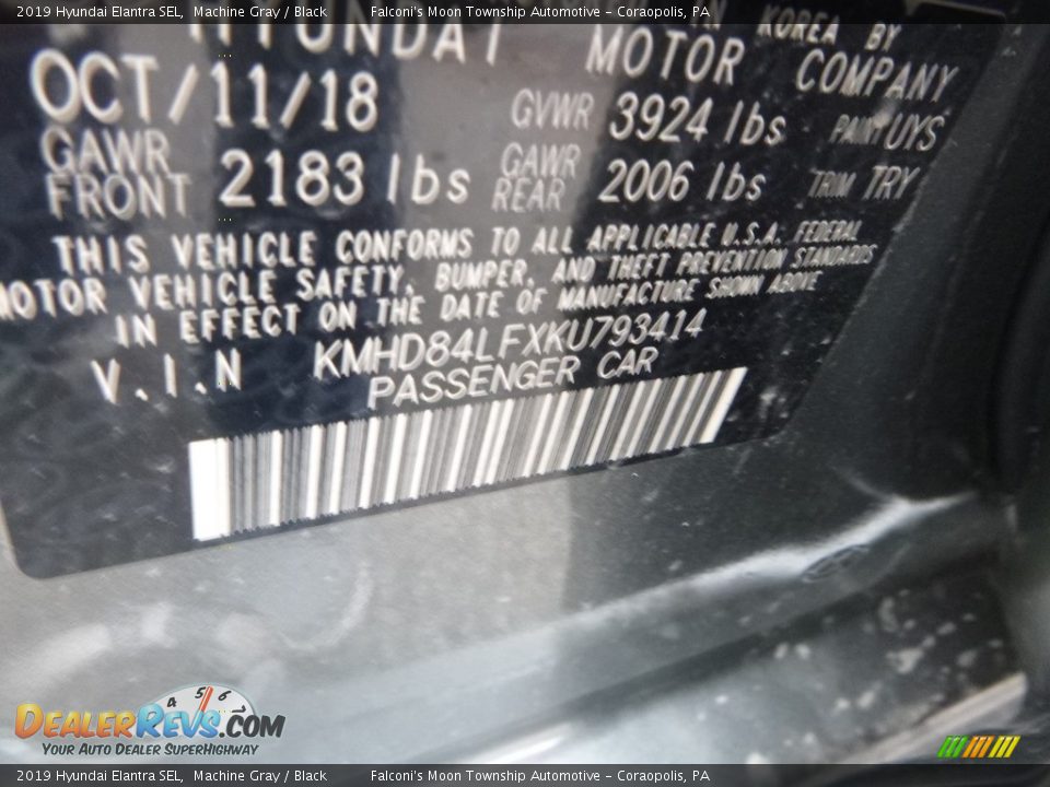 2019 Hyundai Elantra SEL Machine Gray / Black Photo #13