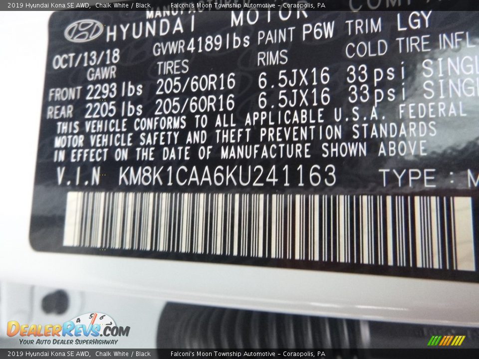 2019 Hyundai Kona SE AWD Chalk White / Black Photo #11