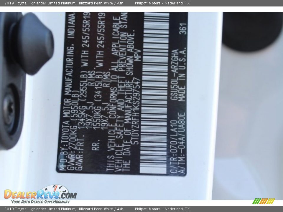 2019 Toyota Highlander Limited Platinum Blizzard Pearl White / Ash Photo #27