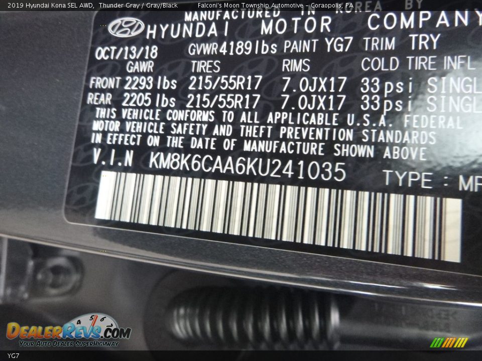 Hyundai Color Code YG7 Thunder Gray