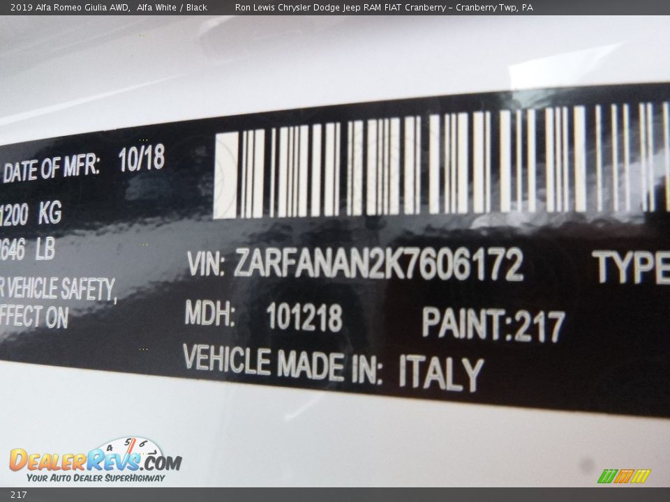 Alfa Romeo Color Code 217 Alfa White