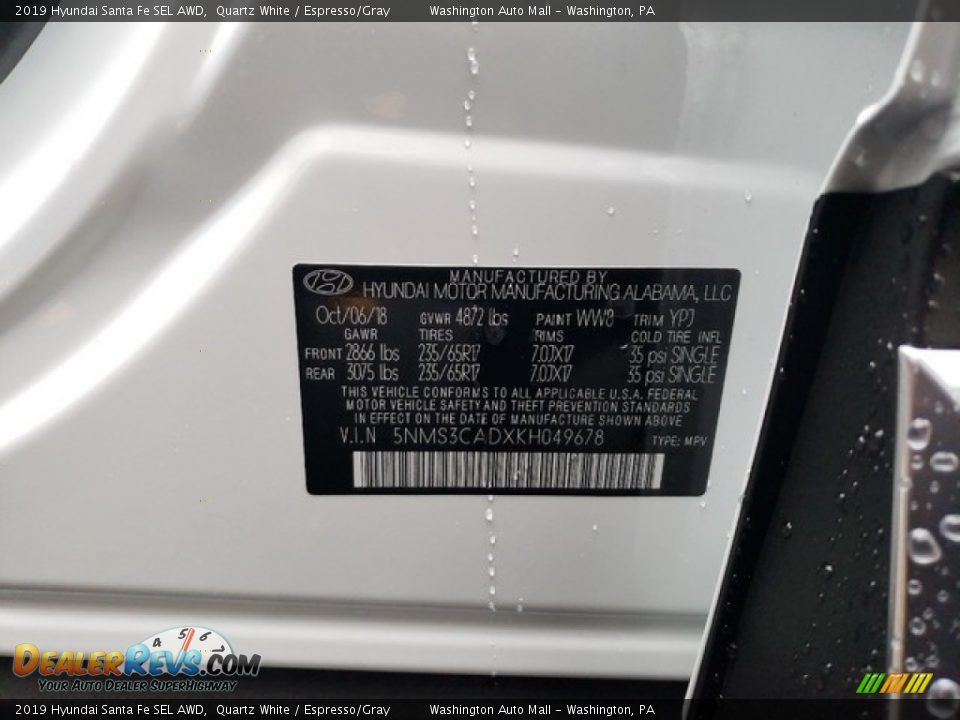 2019 Hyundai Santa Fe SEL AWD Quartz White / Espresso/Gray Photo #15