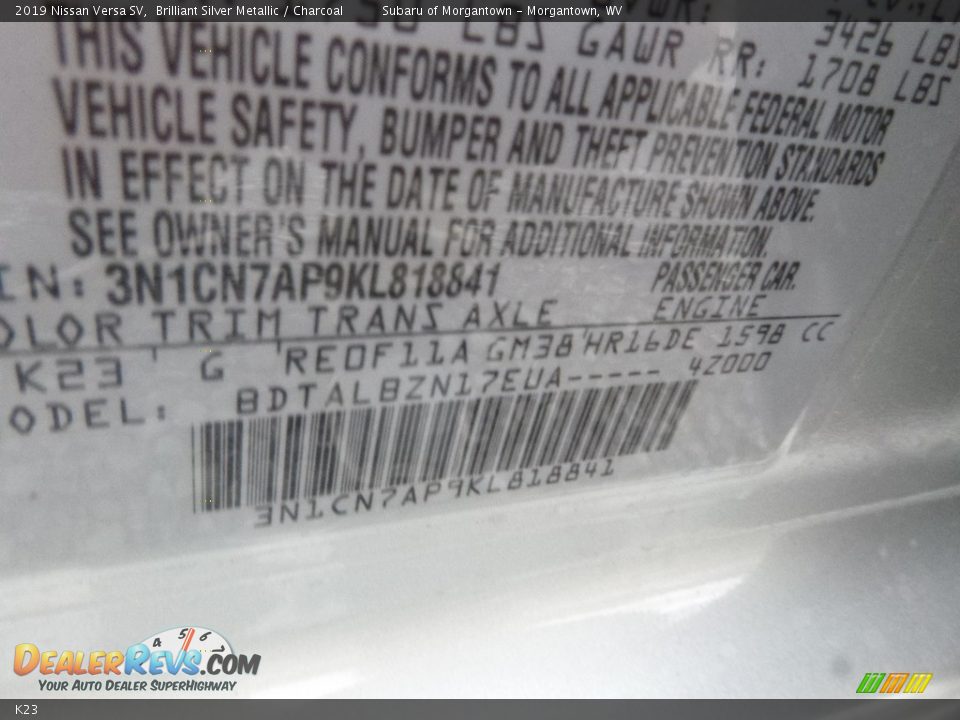 Nissan Color Code K23 Brilliant Silver Metallic