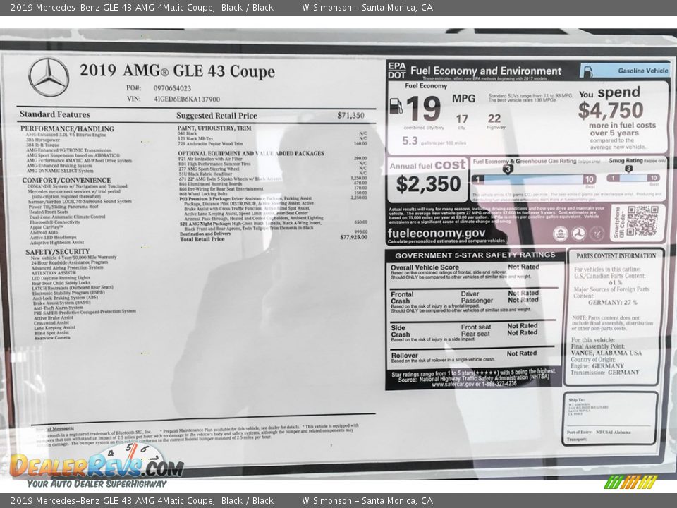 2019 Mercedes-Benz GLE 43 AMG 4Matic Coupe Window Sticker Photo #10