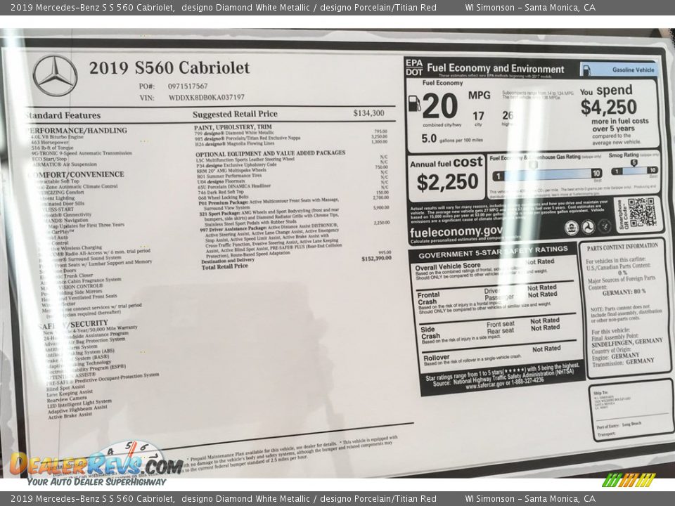 2019 Mercedes-Benz S S 560 Cabriolet Window Sticker Photo #21