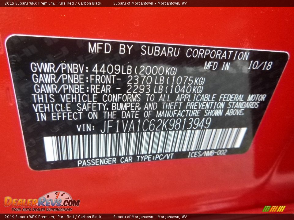 2019 Subaru WRX Premium Pure Red / Carbon Black Photo #16