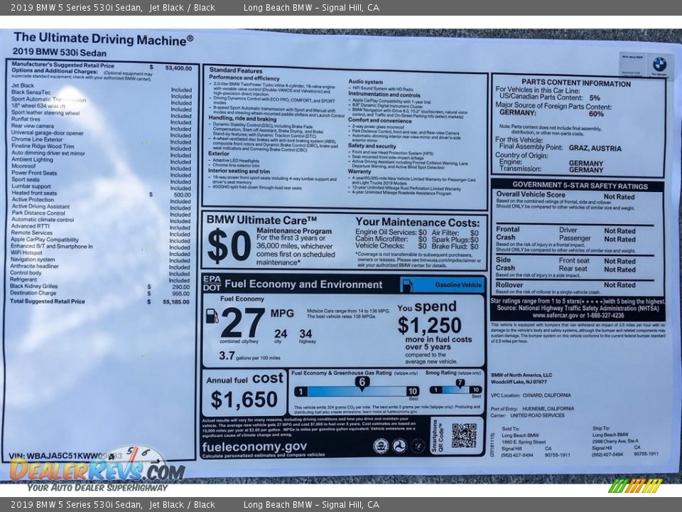 2019 BMW 5 Series 530i Sedan Jet Black / Black Photo #10