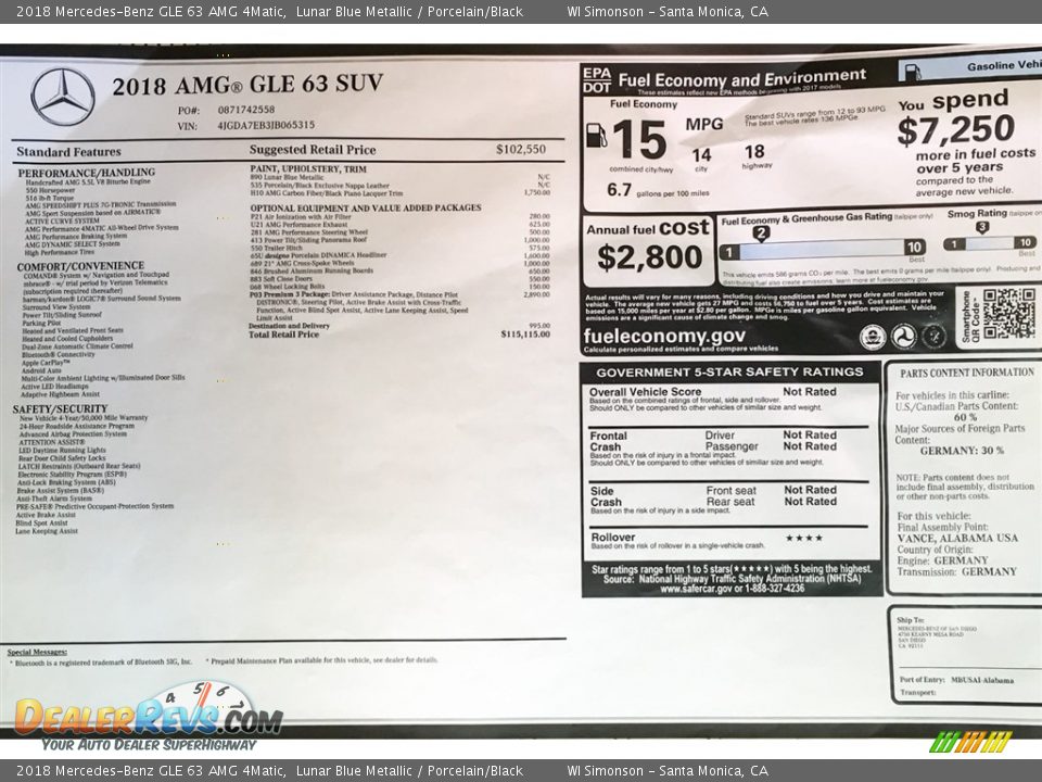 2018 Mercedes-Benz GLE 63 AMG 4Matic Window Sticker Photo #10