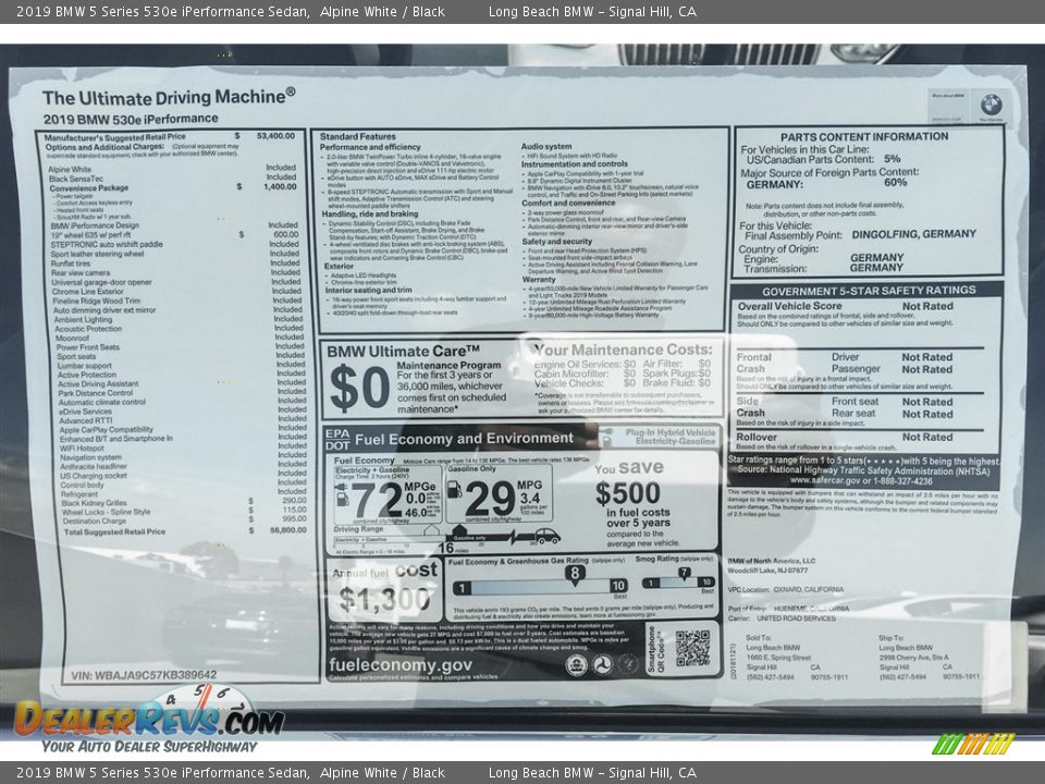 2019 BMW 5 Series 530e iPerformance Sedan Alpine White / Black Photo #10
