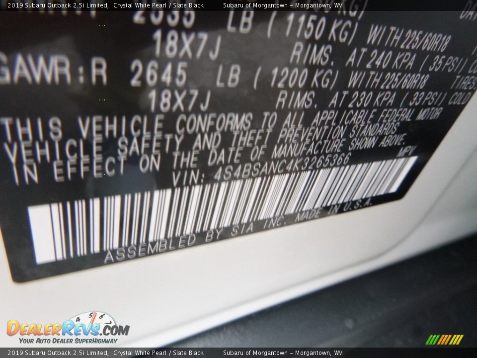 2019 Subaru Outback 2.5i Limited Crystal White Pearl / Slate Black Photo #15