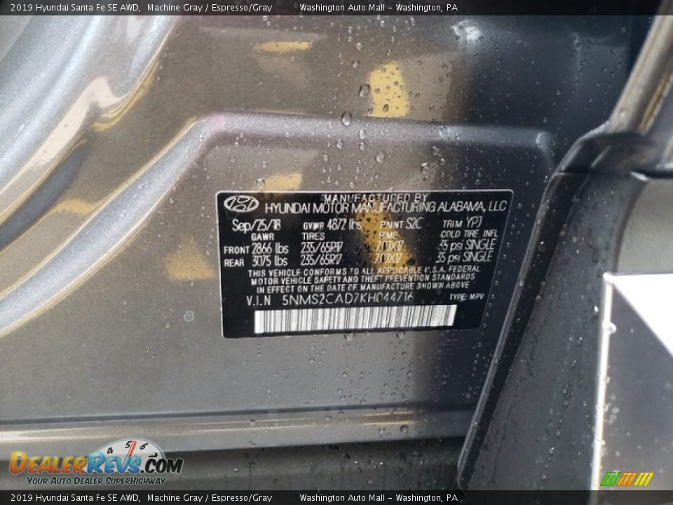 2019 Hyundai Santa Fe SE AWD Machine Gray / Espresso/Gray Photo #16