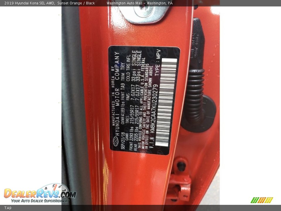 Hyundai Color Code TA9 Sunset Orange