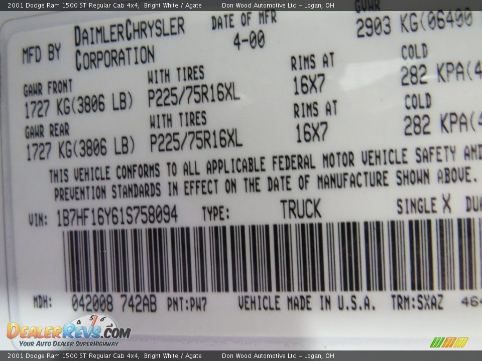 2001 Dodge Ram 1500 ST Regular Cab 4x4 Bright White / Agate Photo #27