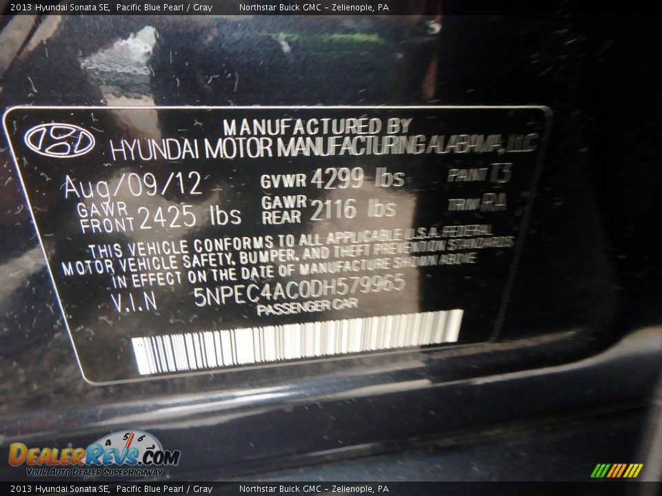 2013 Hyundai Sonata SE Pacific Blue Pearl / Gray Photo #22