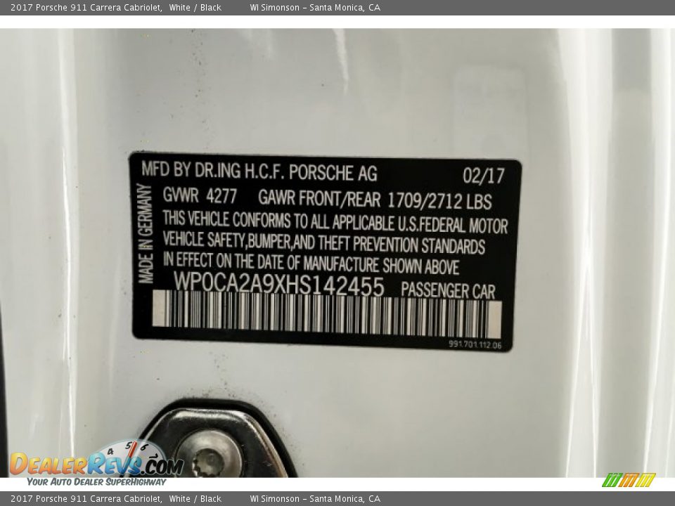 2017 Porsche 911 Carrera Cabriolet White / Black Photo #25