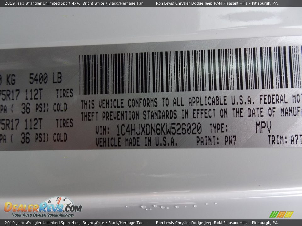 2019 Jeep Wrangler Unlimited Sport 4x4 Bright White / Black/Heritage Tan Photo #14