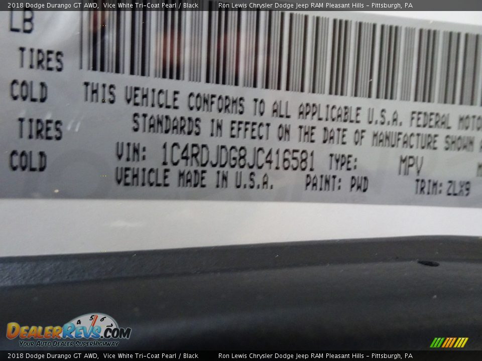2018 Dodge Durango GT AWD Vice White Tri-Coat Pearl / Black Photo #14